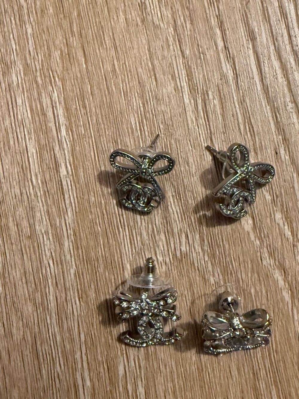 CC style Crystal Bow Stud Earrings - Silver